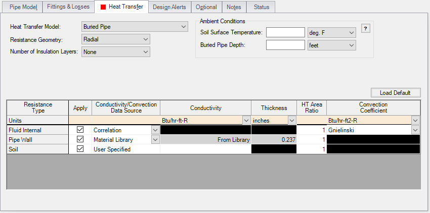 The Heat Transfer tab of the Pipe Properties window with the Heat Transfer Model set to Buried Pipe.